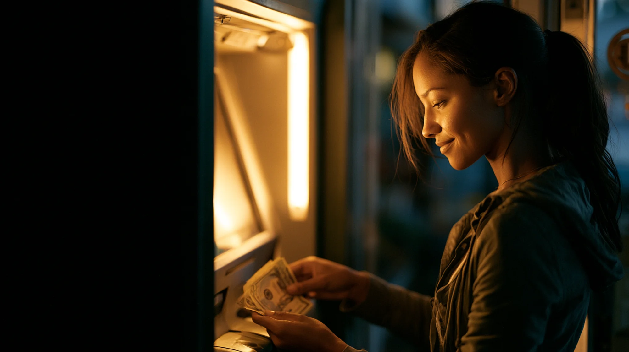 A woman setting aside savings in cash at a Bitcoin ATM in warm evening light