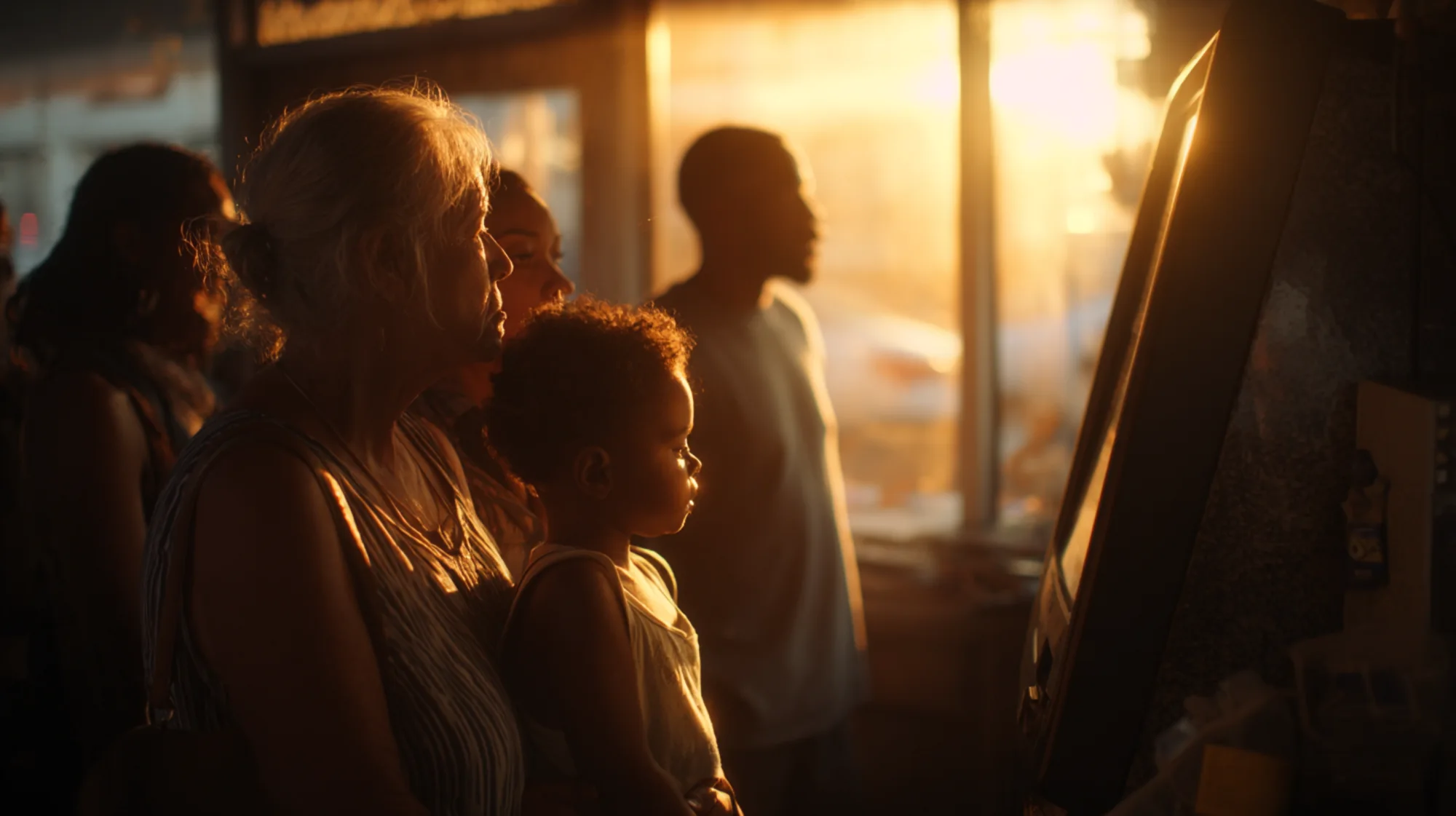 An elderly woman, a child, and a diverse group at a corner-store kiosk in warm evening light